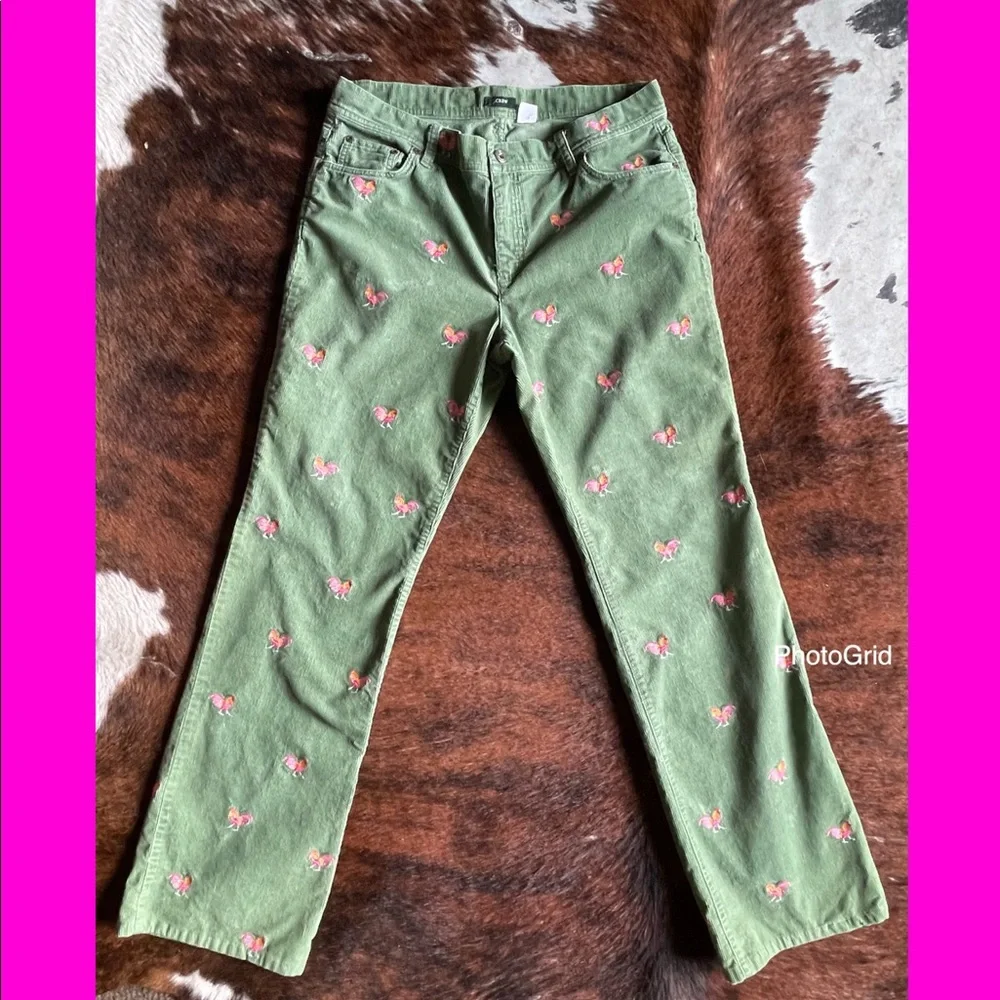 J. Crew Green Corduroy Boot-Cut Pants with Pink & Orange Embroidered Chickens - Picture 4 of 7